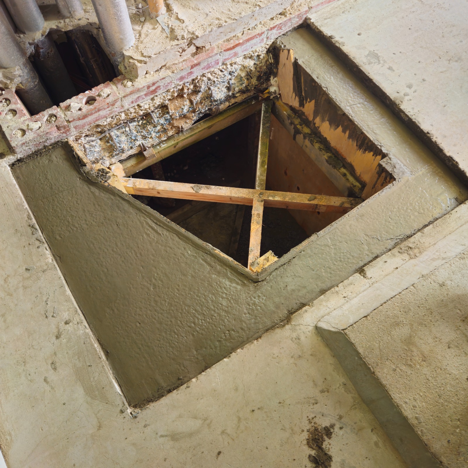 Inspection pit walls poured with the shuttering still in place